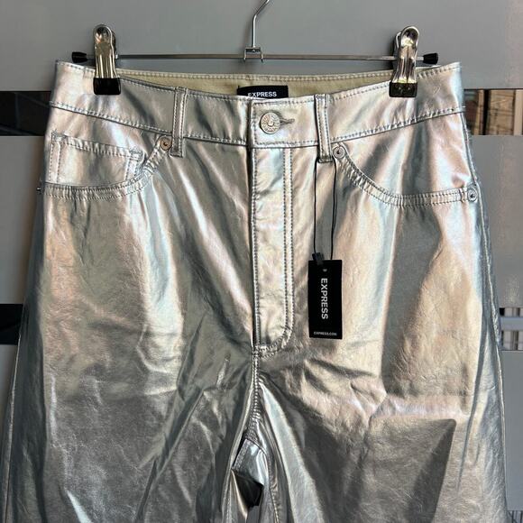 NWT Express Silver Metallic Straight Leg High Rise Pants Size 4 - Picture 4 of 8